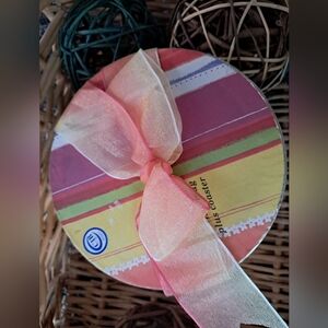 NIB 3 Piece Set Bath & Beyond Moody Stripes Mug and Coaster Set In Box. NEW